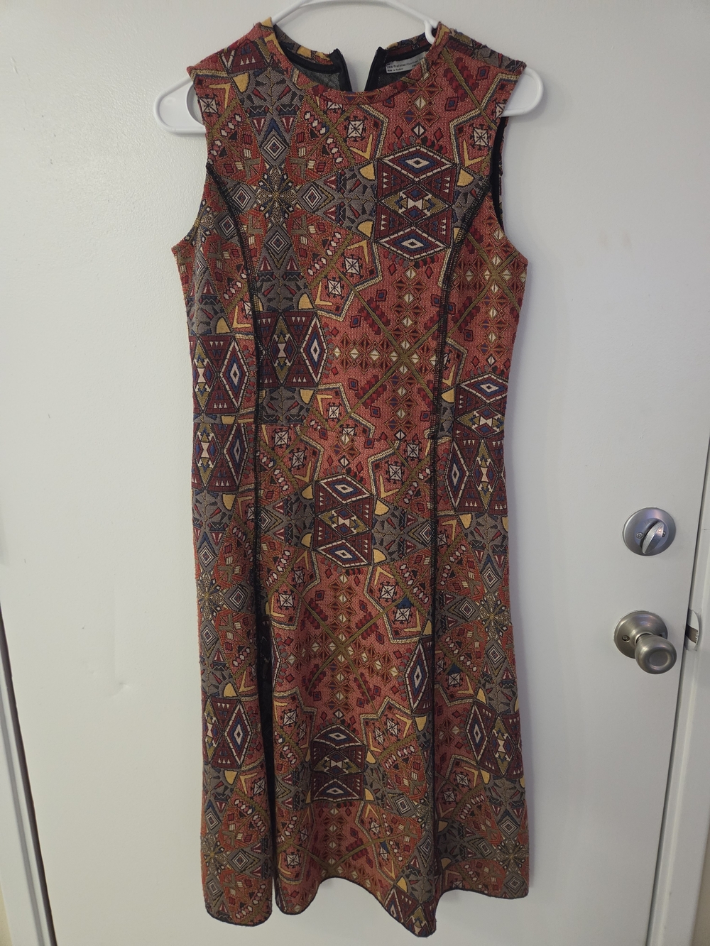 Zara Sleeveless Midi Dress in Rust & Mustard Aztec Print